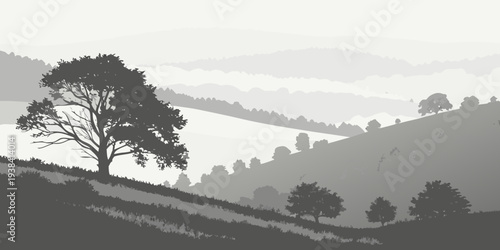 A serene landscape with a solitary tree on a hillside under a clear sky Vector