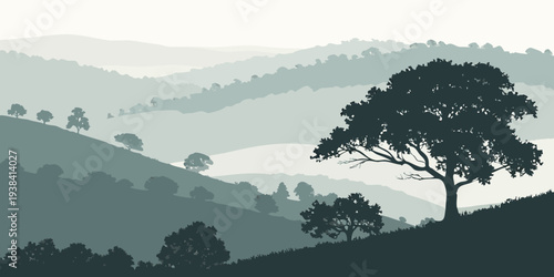 A serene landscape with rolling hills and a solitary tree in the foreground Vector
