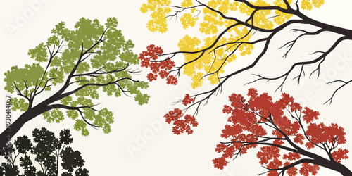 A vibrant illustration of autumn trees with colorful leaves in various shades of red, orange, and yellow. Vector