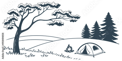 A serene campsite nestled in a forest with a tranquil lake nearby Vector