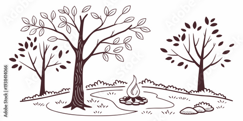 A serene winter landscape with trees and a small stream Vector