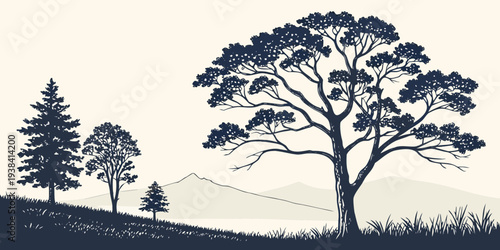 Canvas Print A serene landscape with a large tree standing tall amidst a forest of smaller tr