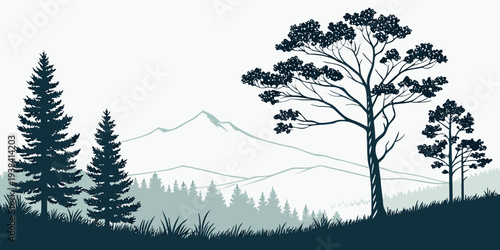 A serene winter landscape with snow-covered trees and a distant mountain range Vector