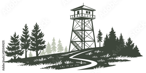 A tall, solitary lighthouse stands sentinel on a rocky outcrop, surrounded by a serene forest. Vector