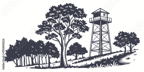 A serene landscape with trees and a house nestled in a peaceful countryside setting Vector