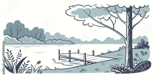 A serene landscape with a tree, birds, and a body of water under a cloudy sky. Vector