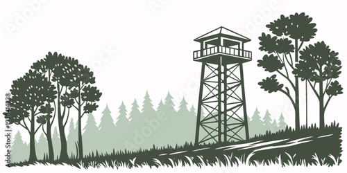 A serene landscape featuring tall trees and a lighthouse in the distance Vector