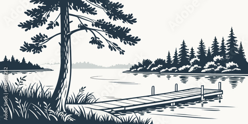 A serene lakeside scene with tall pine trees and a calm water surface. Vector