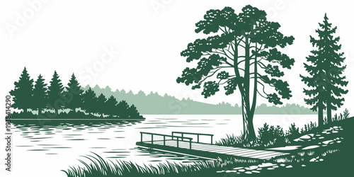 A serene lakeside scene with tall trees and a calm body of water Vector