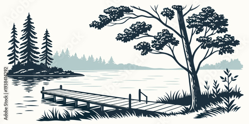 A serene landscape with trees and a calm body of water in the foreground Vector