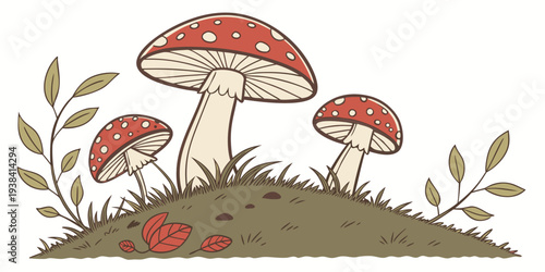 A vibrant illustration of mushrooms and plants in a lush, green setting Vector