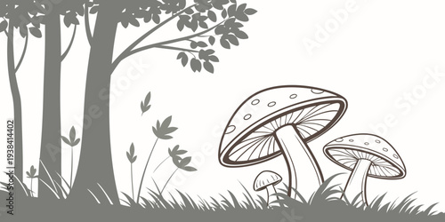 A serene forest scene with mushrooms growing among the trees and a small stream. Vector