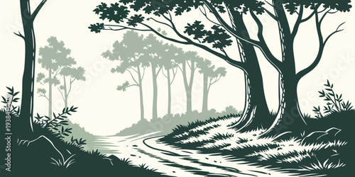 A serene forest path lined with tall trees and dappled sunlight. Vector