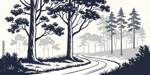 A serene forest scene with a winding path leading into the distance. Vector