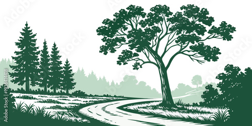 A serene landscape with a winding path leading through a lush forest filled with trees Vector