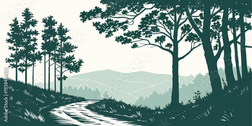 A serene lakeside landscape with tall trees and a calm, reflective body of water Vector