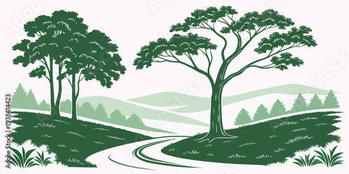 A serene landscape with three trees on a grassy hillside near a flowing river. Vector