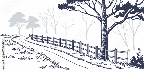 A serene winter scene with a wooden bridge over a frozen river, surrounded by bare trees. Vector