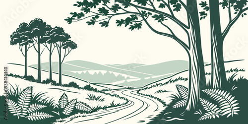 A serene landscape of trees overlooking a winding road and distant mountains Vector