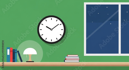 A Clock on a Green Wall with a Window and Bookshelf.