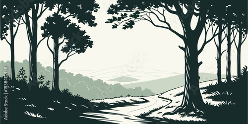 A serene moonlit landscape with a winding river and towering trees Vector