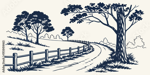 A serene countryside scene with a winding path surrounded by lush trees and a wooden fence Vector