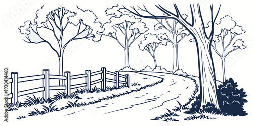 A serene countryside scene with a fence and trees along a path Vector