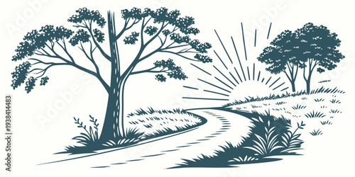 A serene landscape with a winding path leading to a grove of trees and a distant mountain range Vector