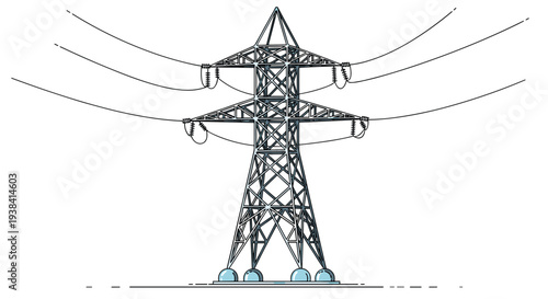 High voltage electricity transmission pylon with power lines stretched across, depicted in a clean technical line art illustration style.