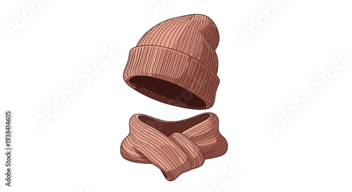Winter clothing set includes a warm knitted peach colored beanie hat and a matching infinity scarf for cold weather comfort.