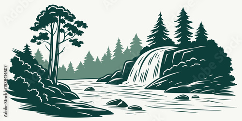 A serene forest scene with a waterfall and lush greenery surrounding it Vector