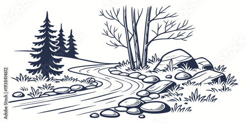 A serene landscape featuring a small stream flowing through a forest with tall trees and lush greenery Vector