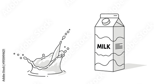 Classic cardboard milk carton stands next to a dynamic splash of fresh liquid milk illustrated in simple black and white lines.