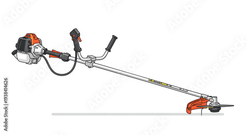 Gasoline powered brush cutter or professional garden trimmer with a long shaft and cutting blade used for clearing thick weeds.