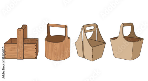 Collection of four different types of wooden crates and baskets for storage, shown as detailed vector illustrations on white background.