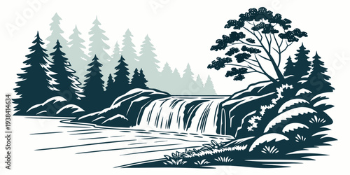 A serene landscape featuring a tranquil river flowing through a lush forest Vector