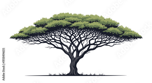 Large acacia tree with a wide canopy of green leaves and complex branch structure stands alone on a clean white background.