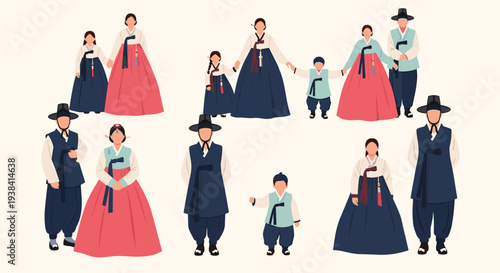 Selection of people of different ages wearing traditional korean hanbok dresses and robes in various elegant colors and styles.