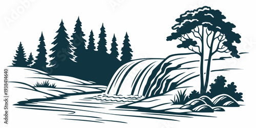 A serene landscape featuring a waterfall surrounded by lush trees and a calm lake. Vector