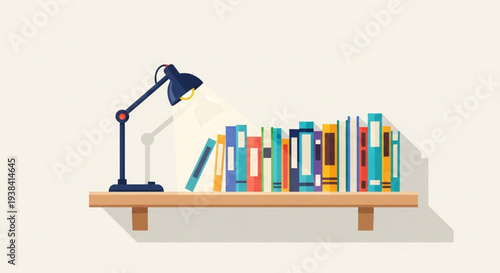 A wooden shelf with a collection of books and a desk lamp.