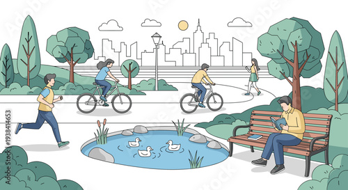 People enjoying various outdoor activities in a sunny city park with a pond, ducks, and skyscrapers visible in the distant background scenery.