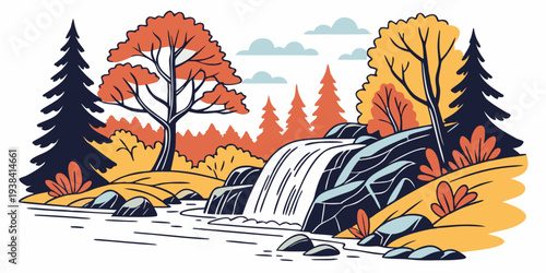 A serene autumn landscape with vibrant trees and a flowing river Vector