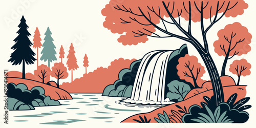 A serene autumn landscape with a flowing river and tall trees in vibrant fall colors Vector