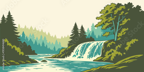 A serene landscape with a waterfall cascading into a tranquil river surrounded by lush greenery Vector
