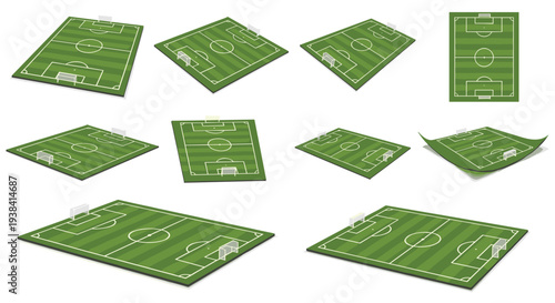 Multiple views and perspectives of a green professional soccer field with white markings and goals, suitable for sports and stadium layouts.
