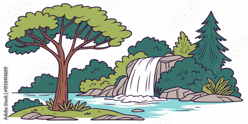 A serene landscape with trees, mountains, and a flowing river under a clear sky Vector