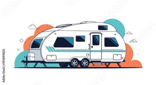 Modern white camping trailer RV parked against a stylized colorful background with clouds, representing road trips and outdoor vacations.