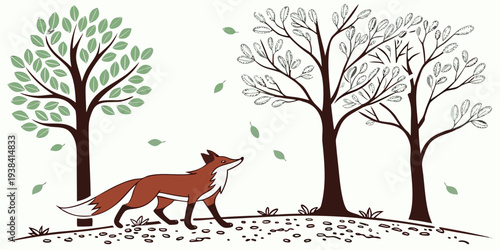 A fox running through a forest with autumn-colored leaves and trees Vector