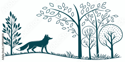 A solitary wolf howls under a full moon amidst a forest of bare trees. Vector