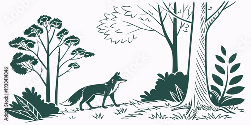 A serene forest scene with various animals and plants in a natural habitat. Vector